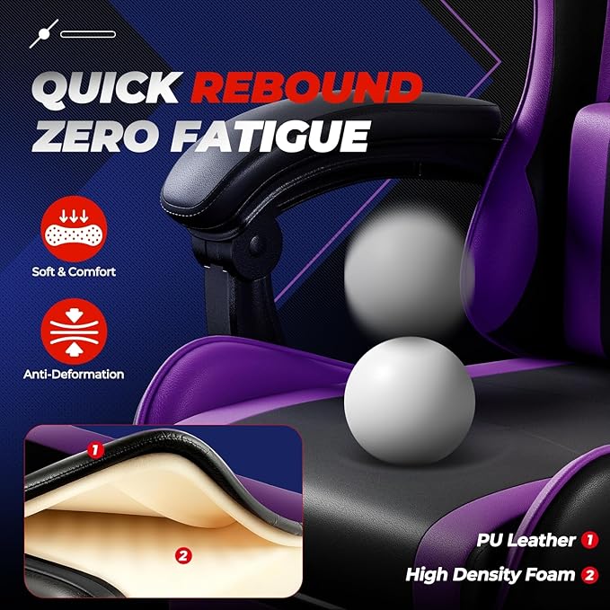 Auto Dynasty Ergonomic Gaming Chair High-Back Office Chair w/Adjustable Lumbar Support Linkage Armrest Headrest &amp Footrest 350LBS Recliner Swivel Computer Game Racing Chair Purple/Black