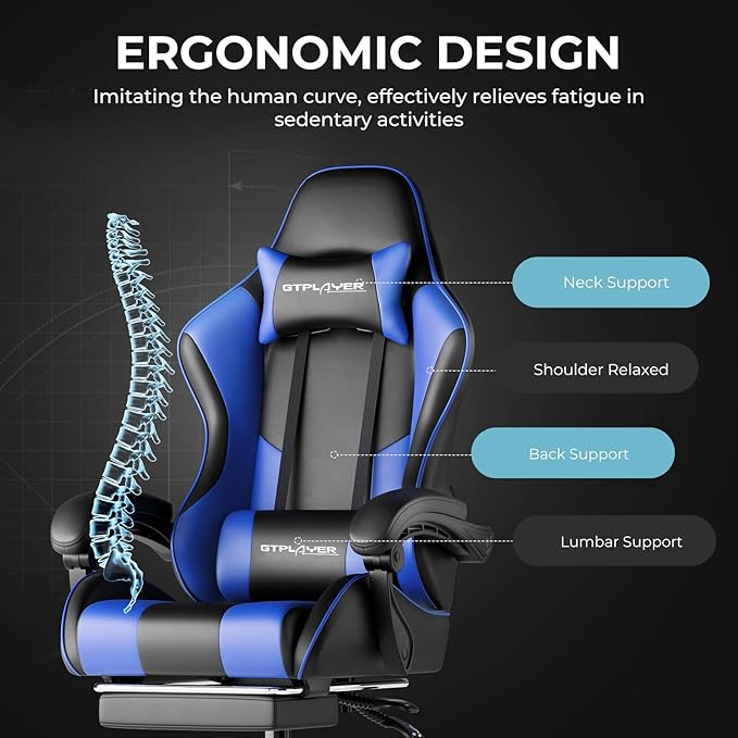 GTPLAYER Gaming Chair Computer Chair with Footrest and Lumbar Support Height Adjustable Game Chair with 360°-Swivel Seat and Headrest and for Office or Gaming (Faux Leather Blue)