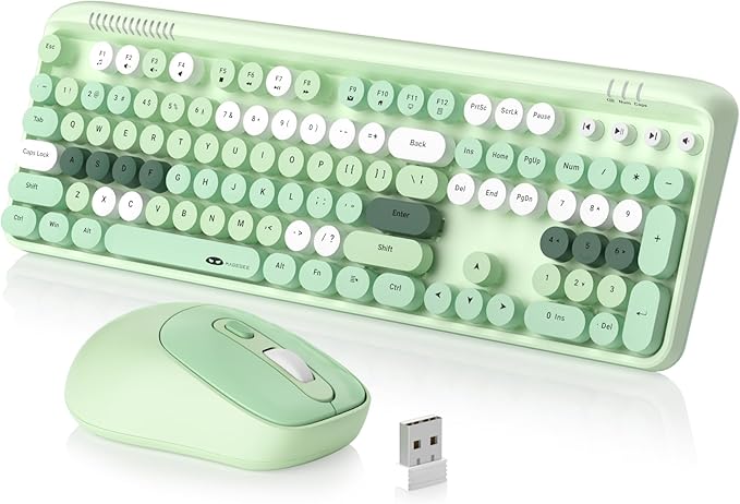 MageGee V920 Wireless Keyboard and Mouse Combo 2.4G Full-Sized Retro Typewriter Keyboard with Round Keycaps &amp Auto-Sleep Mode Cute Computer Keyboard and Cordless Optical Mouse for Laptop/PC (Gre