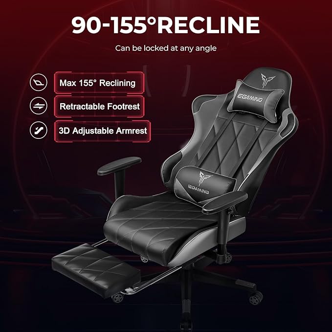 Gaming Chair Big and Tall Video Game Chair with High Back PU Leather Home Office Ergonomic Computer Chair with Footrest Adjustable Height 360° Swivel Wheels for Adults and Teens (Grey)