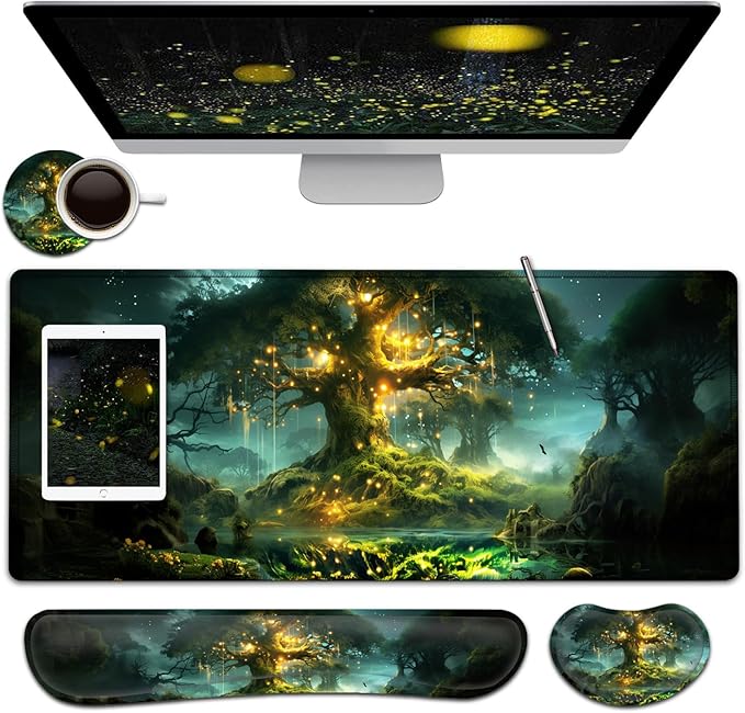 Large Mouse Pad + Keyboard Wrist Rest Set Extended Gaming Mousepad (31.5X11.8 inch) with Non-Slip Rubber Ergonomics Memory Foam Mouse Wrist Rest Support Tree of Life Pattern XXL Desk Pad