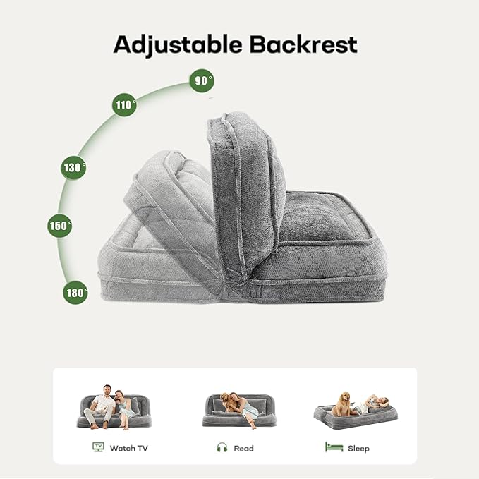 Floor Chair with Back Support Human Dog Bed Folding Loveseat with 5 Adjustable Position 2 Pillows Chenille Meditation Gaming Chair for Lazy Boys Living Room Lounge Bedroom Light Grey