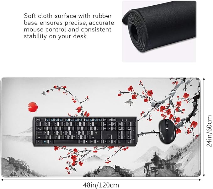 AQQA Extended Gaming Mouse Pad Cherry Blossoms Japanese XXXXL Full Desk Mousepad 48 x 24 Non Slip Desk Mat with Stitched Edge Computer Keyboard Mat for Office