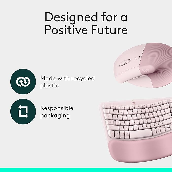 Logitech Wave Keys &amp Lift Vertical Mouse - Ergonomic Wireless Keyboard and Mouse Combo - with Cushioned Palm Rest Easy-Switch Bluetooth for Multi-OS Windows/Mac - Rose