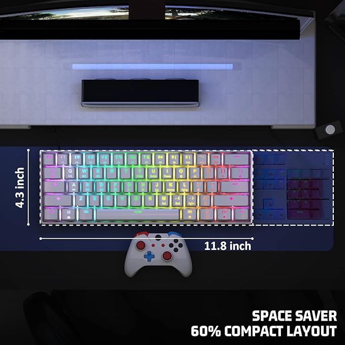60% Mechanical Gaming Keyboard - 61 Keys Brown Switch Quiet Office Computer Keyboard - Multi Color RGB Rainbow Led Backlit - Programmable for PC/Windows/Mac/Gamer - USB Wired - White