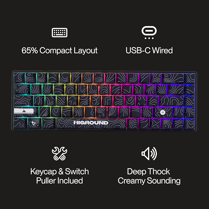 Higround Trailhead 65% Mechanical USB Wired Gaming Keyboard TTC Linear Custom Switches Programable RGB Hot-Swappable Deep Thock Creamy Sounding PC Keyboard Pre-lubed (BLACKICE)