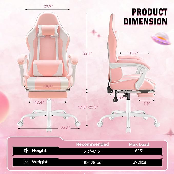 Homall Gaming Chair Video Game Chair with Footrest and Massage Lumbar Support Ergonomic Computer Chair Height Adjustable with Swivel Seat and Headrest (Pink)