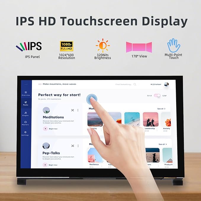 7 Inch IPS LCD Touch Screen Display 1024×600 HDMI Capacitive Mini Small Monitor for Raspberry Pi 5/4/3/2/B/B+ BB Black Win 11/10/8/7