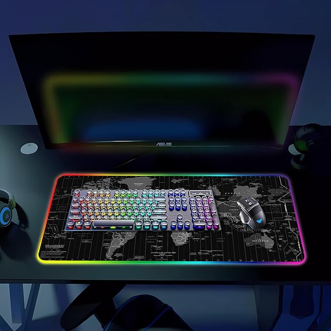 RGB Gaming Mouse Pad Large Mousepad with Led Light Gaming Accessories Keyboard Pad for Desk Non-Slip Rubber Base Big Mouse Mat for Gamer 31.5 X 11.8 Inch Black World Map