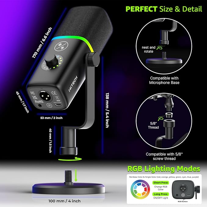 IXTECH Gaming USB Microphone for PC Noise Cancellation Condenser Mic for Podcasts and Video Streaming with Tripod Stand Pop Filter Shock Mount Gain Control RGB Lights Quiet Mute Button (Black)