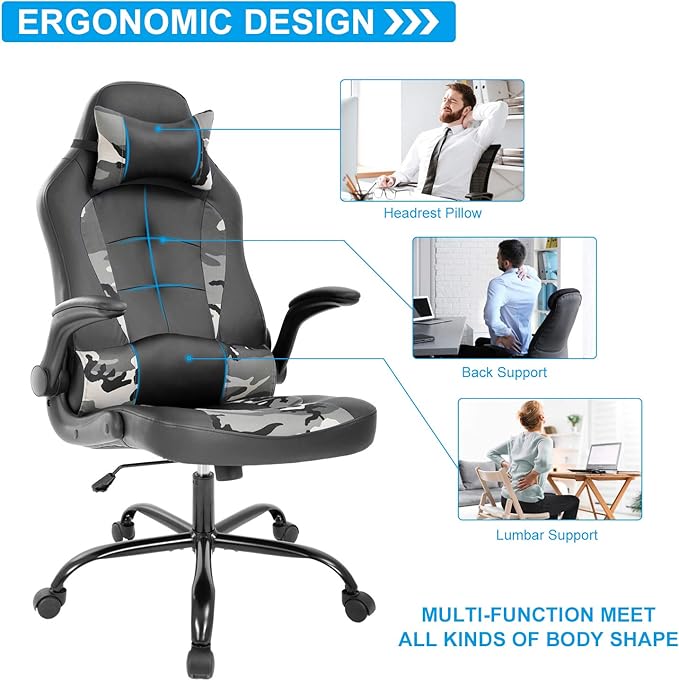 Meet Perfect Gaming Ergonomic Office Desk Chair - Leather Computer With Lumbar Support and Head Pillow - Modern Executive Adjustable Rolling Swivel Task for Home Office Camo