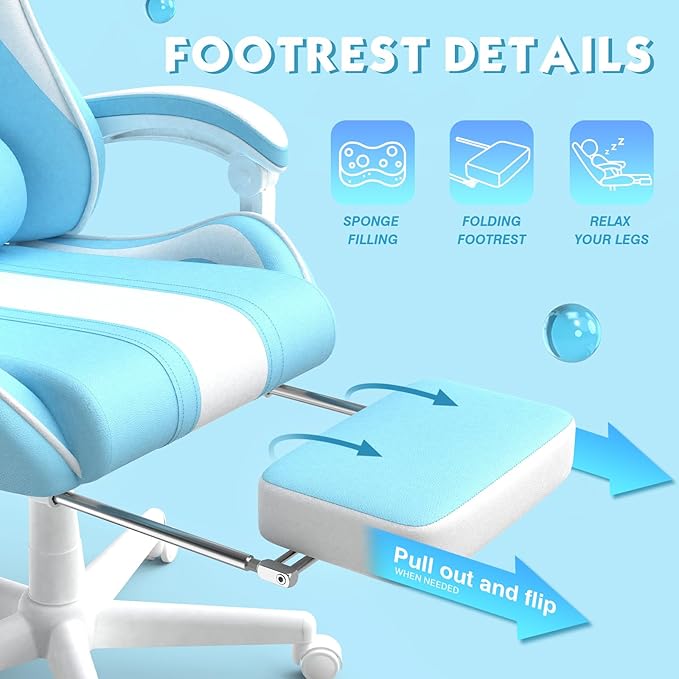 Ferghana Blue Gaming Chair with Bunny Ear Cute Massage Gaming Chairs for Adults &amp Teens Office PC Gamer Chair with Footrest Kawaii Computer Game Chair for Girls Racing Reclining Silla Gamer