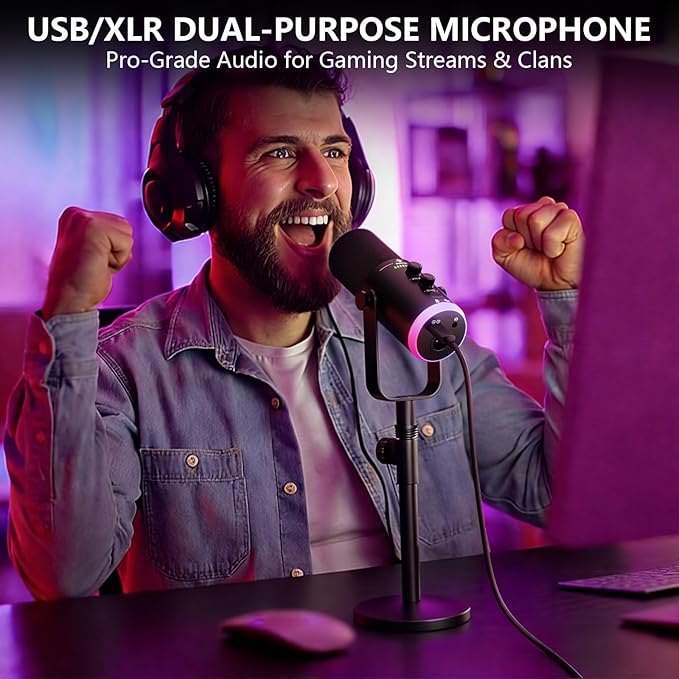 USB/XLR Dynamic Podcast Microphone with RGB Lighting PC Gaming Streaming Mic with Mute Button Headphone Jack and Desktop Stand TX2