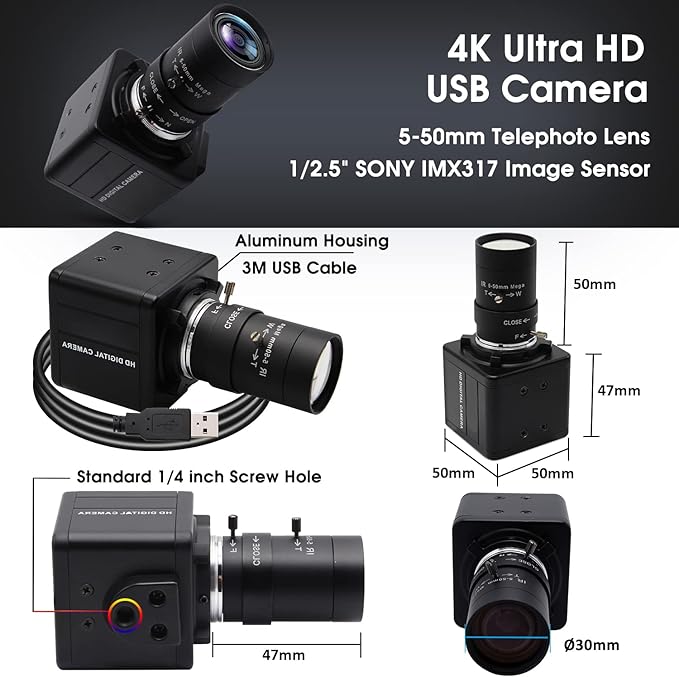 SVPRO 4K Ultra HD Webcam USB Digital Industrial Camera with CS Mount 5-50mm Telephoto Zoom Manual Lens UVC Free Drive10X Optical Zoom Video Camera with Sony IMX317 Sensor