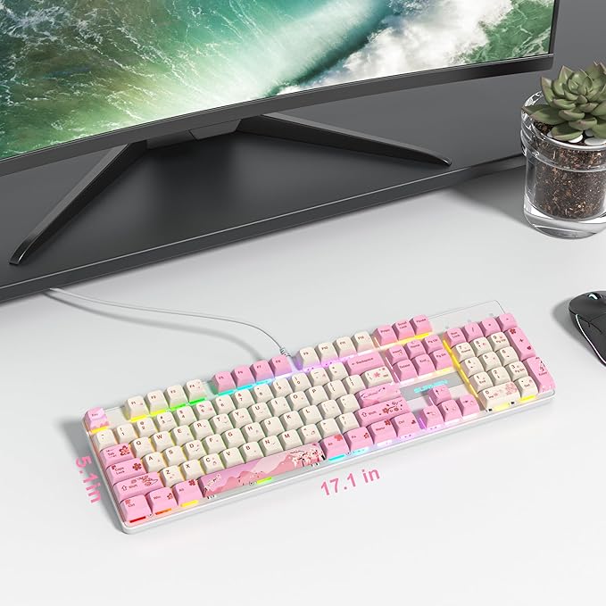 Wired Full Size Pink Mechanical Keyboard 104 Keys Creamy Keyboard with Number Pad RGB Gaming Keyboard Linear Red Switch NKRO Mechanical Keyboard Full Size for Windows Laptop PC Gamer