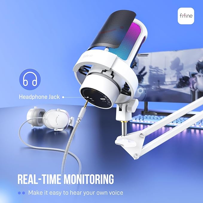FIFINE Gaming PC USB Microphone Kit Condenser RGB Mic with Metal Boom Arm Mute Gain Knob Headphones Monitoring Streaming Microphone Bundle for PS4/PS5 YouTube Discord Twitch-A8T White