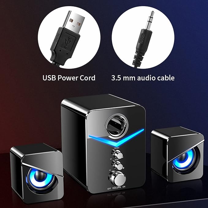 ASHATA Bluetooth Computer SpeakersCompact Computer Speaker with SubwooferDesktop Multimedia Speaker Deep Bass 2.1 Channelwith Blue Ambient Lightfor Wedding Party(Black)