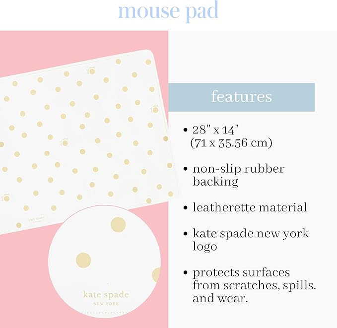 Kate Spade New York Decorative Desk Pad Vegan Leather Keyboard and Mouse Pad for Desktop Gold Dot with Script