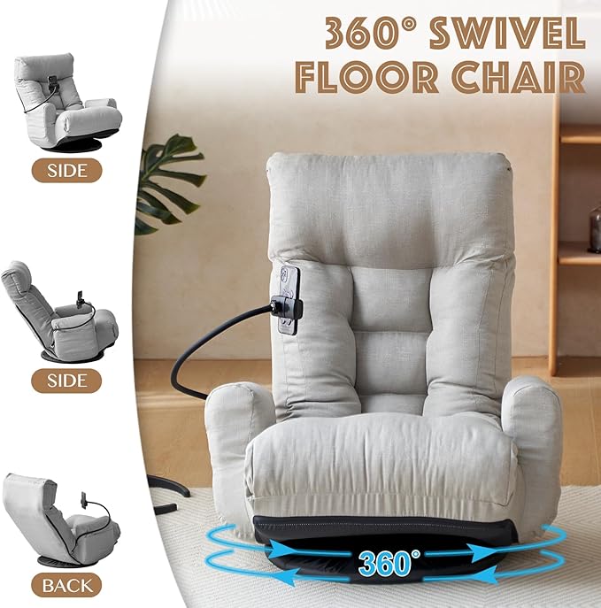 Floor Chair with Back Support Swivel Gaming Chair with 5 Adjustable Position Meditation Chair with Phone Holder Linen Indoor Lounge Chair for Lazy Boys Living Room Bedroom Lounge Grey