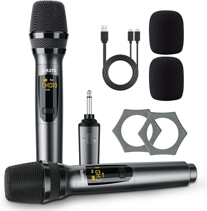 LEKATO Wireless Microphone Rechargeable Wireless Microphones with Receiver Dual Handheld Microphone System Dynamic MIC for Singing Speech Wedding ChurchSpeaker PA System(K380S)