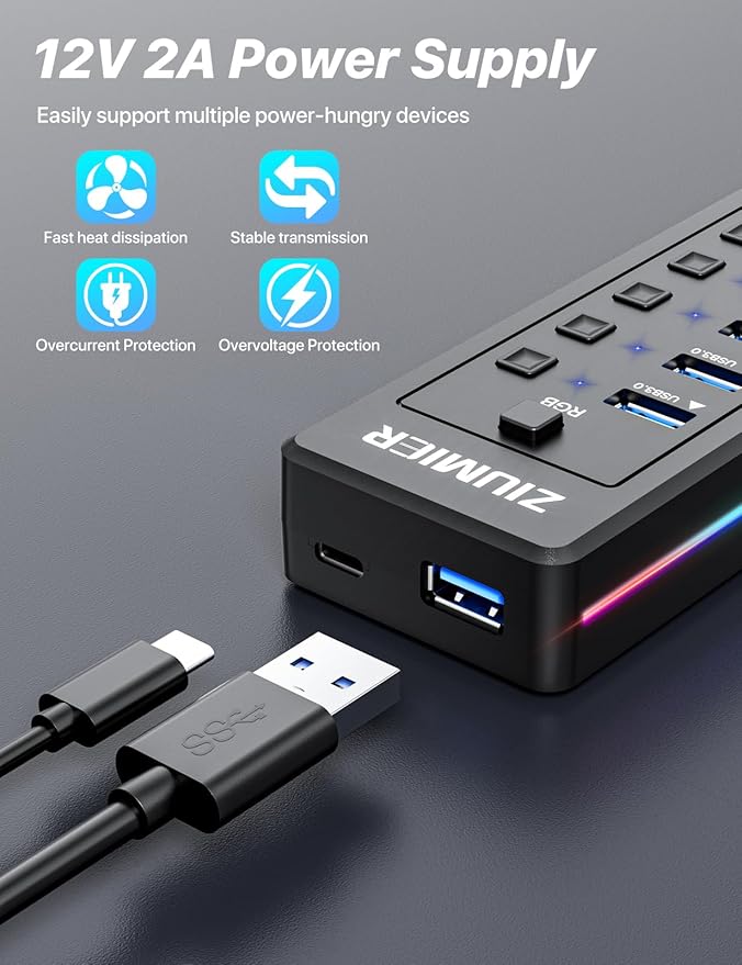 Powered USB Hub 10-Port USB 3.0 Hub with RGB LED Strip -5Gbps Data TransferIndividual LED On/Off Switches and 12V/2A Power Adapter for Laptop PC Mouse Keyboard Hard Drive or More USB Devices.