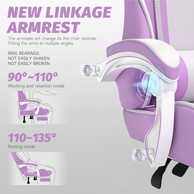 Ferghana Kawaii Light Purple Gaming Chair with Bunny Ears Ergonomic Cute Gamer Chair with Footrest and Massage Racing Reclining Leather Office Computer Game Chair for Girls Adults Teens Kids
