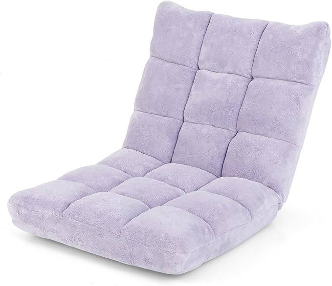 COSTWAY Floor Chair Video Gaming Chairs with Back Support Adjustable 14-Position Alloy Steel Frame Soft Coral Fleece Lazy Sofa Lounge for Reading Living Room Recliner for Adults Kids (Lavender)