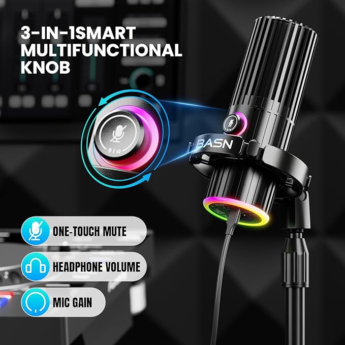 BASN USB/XLR Dynamic Microphone Live Streaming Gaming Recording with Three-in-One Mute ButtonRGB Lighting and MIC Stand for PC (Black) SL2000