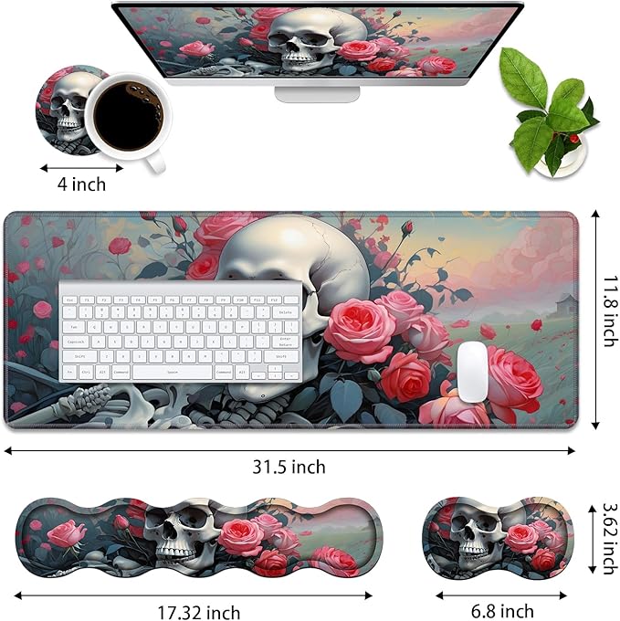 4 in 1 Ergonomic Memory Foam Mouse Pad Wrist Rest Set Large XXL Gaming Desk Pad + Keyboard Wrist Rest + Mouse Wrist Cushion + Coaster for Home Office Study Gaming Skull Roses