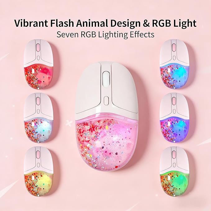 Wireless MouseGlitter Animal Design 3-Device Bluetooth &amp 2.4 G 4000 DPI RGB Light Multi-Mode Portable Mouse for PC Laptop Office Gaming Students Home Travel Use (Pink)