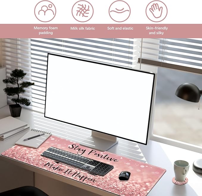 DINKY Large Gaming Mouse Mat and Mouse Pad Wrist Keyboard Wrist Rest Set Anti-Slip Base Mousepad + Coaster 35.4 x 15.80-inch Ergonomic Wrist Support for Home Working Gaming-PinkQuote