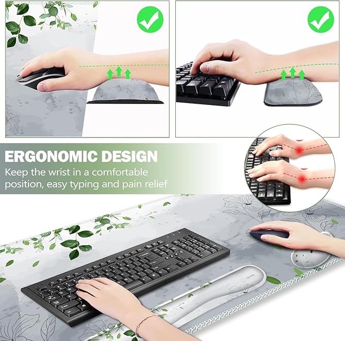 ARTSO Gaming Mouse Pad Wrist Support Set XXL Large Desk Mat Mousepad + Keyboard Wrist Support+ Mouse Wrist Rest+Coaster 4in1 Ergonomic Memory Foam -Green Leaves and Line Flower