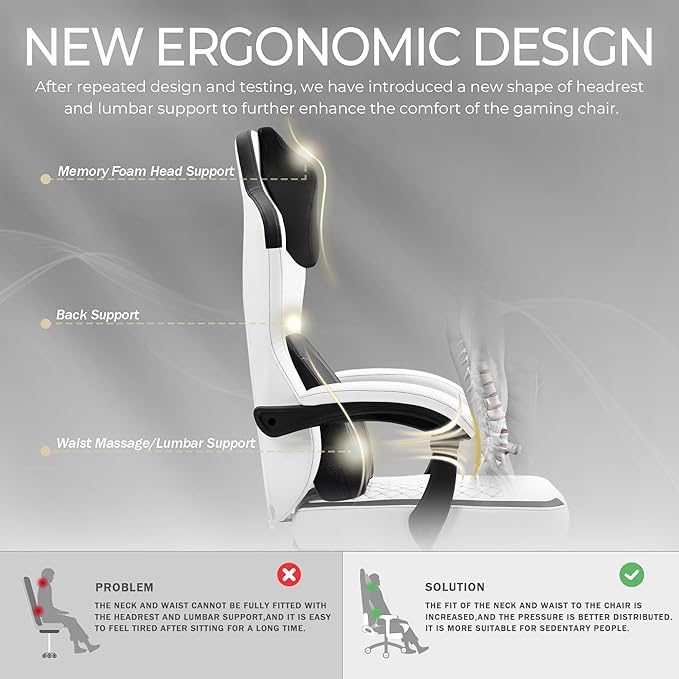 Gaming Chair with Heated Massage Lumbar Support Ergonomic Computer Chair with Footrest and Pocket Spring Cushion High Back Massage Gaming Chair Reclining Office Chair with Footrest 330lbs (White)