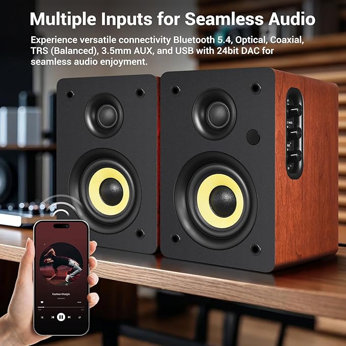 Sanyun SW206 4” HiFi Bookshelf Speakers with Studio Mode 80W Active Bluetooth 5.4/Optical/Coaxial/TRS/Aux/24bit DAC USB for Turntable TV PC Desktop Wooden Enclosure Remote Control Red