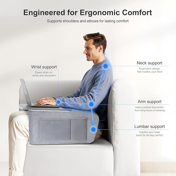Reading Pillow for Gaming with Ergonomic Arm Rests Wooden Lap Desk for Laptop Support Pillow with Side Pockets for Reading Writing Working Gaming on Bed Couch or Floor (Gray Large)