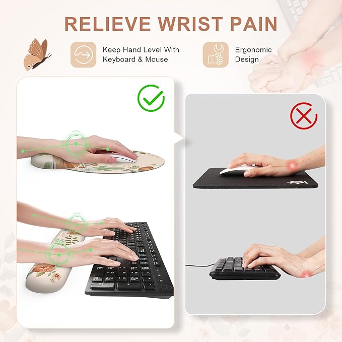 iLeadon Floral Mouse Pad Sets with Wrist SupportCute Ergonomic Keyboard Mat for DesktopExtra Large Big Desk Pad Mouse Mat+Cup Coaster with Non-Slip Base for Women Home Office
