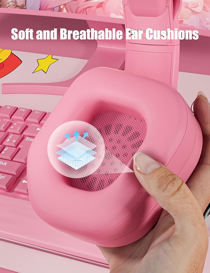 ZIUMIER Gaming Headset with Detachable Cat Ears Compatible with PS4 PS5 Xbox One PC Laptop Over-Ear Headphones with LED Light Noise Canceling Mic Stereo Surround Sound (Pink Cat)