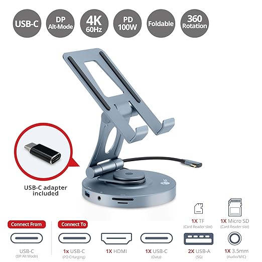SIIG USB-C Hub Stand - iPhone 15 / iPad mini/Tablet Stand Docking Station Rotatable Base/Foldable Holder 4K 60Hz HDMI USB-A &amp USB-C 5Gbps PD 88W 3.5mm Audio/Mic SD/TF for iPad/Surface Pro 9