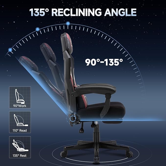 Ergonomic Mesh Video Gaming Chair with Footrest Height Adjustable Computer Chair with Lumbar Support High-Back Breathable Reclining Swivel Chair for Adults Home Office &amp Work (Red)
