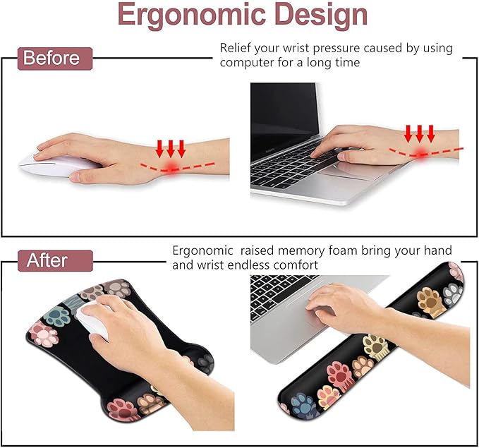 Ergonomic Mouse Pad with Wrist Support Gel Non-Slip Laptop Computer Keyboard Mousepad for Office &amp Home Cute Cat Paws Design Memory Foam Keyboard Wrist Rest Colorful Cat Paws