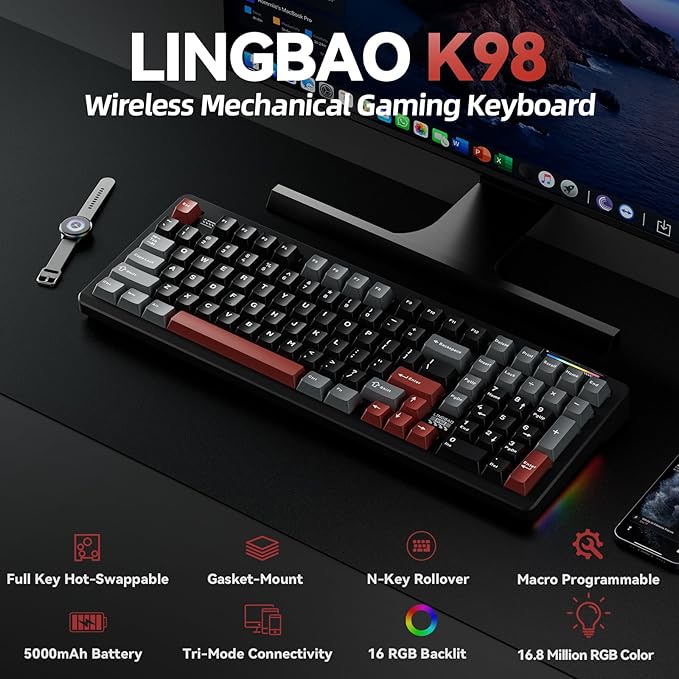 LINGBAO K98 Wireless Mechanical Gaming Keyboard Tri-Mode BT5.0/2.4GHz/USB-C Gasket Custom Hot-Swappable Linear Switches Creamy Keyboard with Number Pad RGB Backlit Gaming Keyboard for PC Laptop