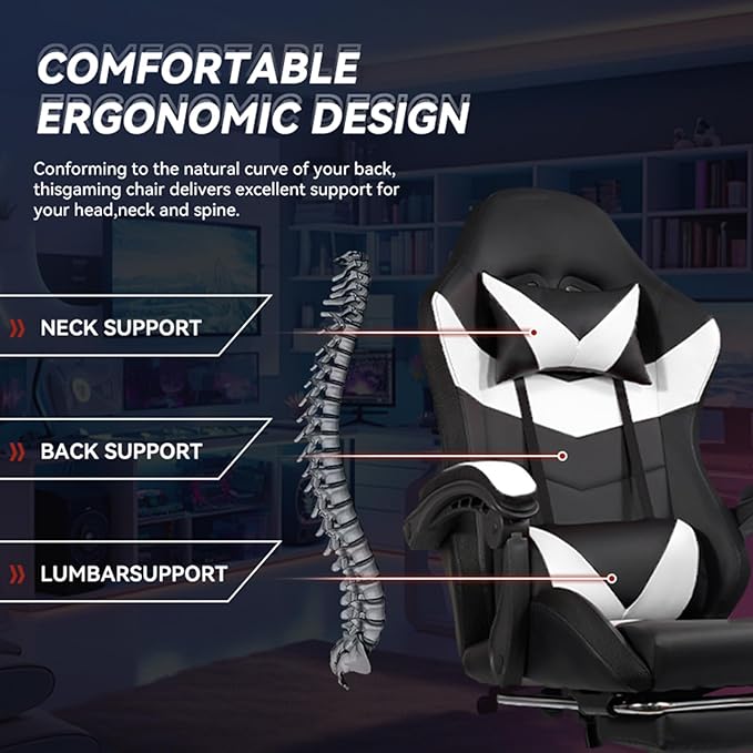 Gaming Chair Computer Chair with Footrest and Lumbar Support &amp LED Height Adjustable Game Chair with 360°-Swivel Seat and Headrest and for Office or Gaming