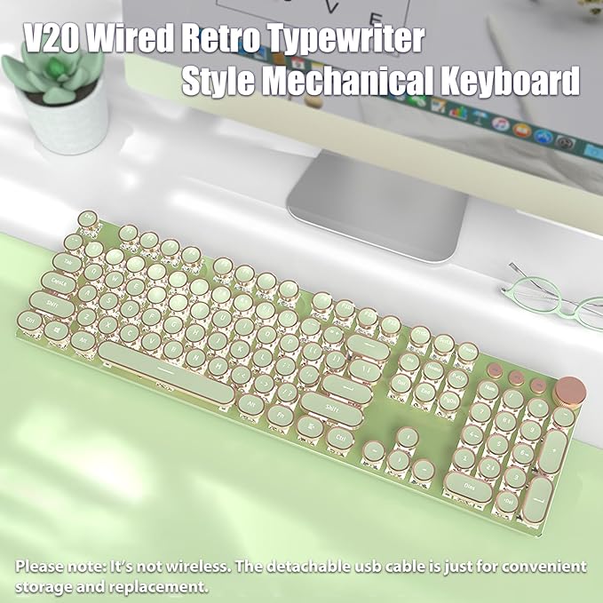Typewriter Style Mechanical Gaming Keyboard White LED Backlit 104-Key NKRO Pink Switches Retro Round Keycaps Golden Ring Volume Knob Metal Panel Wired USB-C Detachable Cable Matcha Green