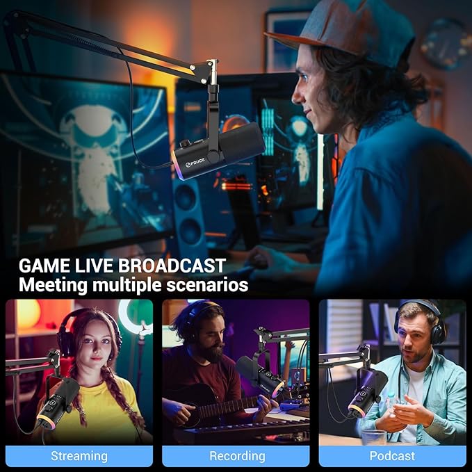 FDUCE USB/XLR Gaming Microphone kit Dynamic PC Mic for Podcasting Streaming Computer RGB Mic Kit with Boom Arm Stand Mute Button and Headphone Jack for Recording Vocal Voice-Over (D30+)
