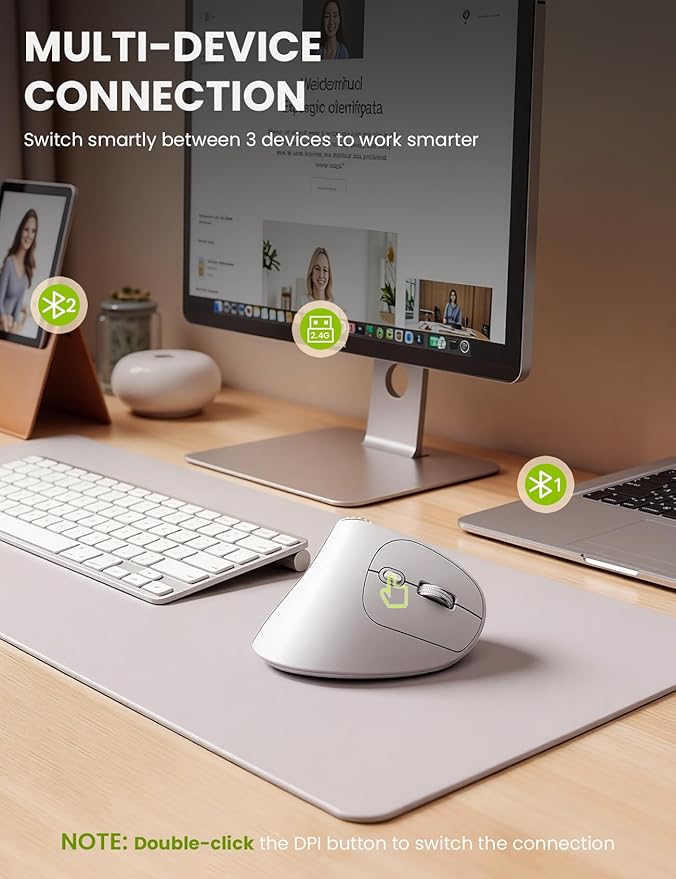 SABLUTE MAM51 Ergonomic Mouse Wireless with 3-in-1 Quick-Switch Scroll Wheel Vertical Mouse with 4000 DPI 8 Buttons Wireless Computer Mouse 2.4Ghz/Bluetooth Mouse for Laptop and Desktop-White