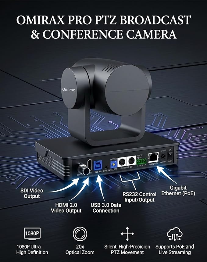 1080P PTZ Camera with AI Auto Tracking 20X Optical Zoom 3G-SDI/HDMI/USB3.0/IP/PoE RS232/RS422/RS485 Remote Included Professional Live Streaming Camera for Church &amp Conference