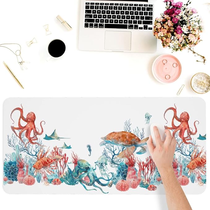 Sea Turtle Octopus Large Mouse Pad Gaming Mousepad with Wrist Support Rubber Computer Keyboard Mat for Desk Laptop Non-Slip Full Deskmat Protector Waterproof Writing Pad Office Home 16x35.5 in