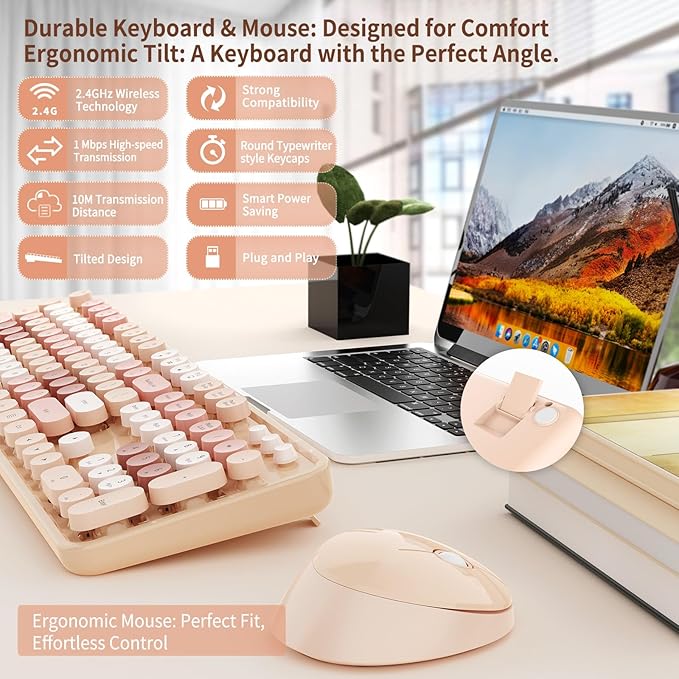 HotFox Wireless Keyboard and Mouse Combo Full-Size Retro Typewriter Keyboard with Round Keycaps Ergonomic Design for Windows PC Home and Office Use -Brown