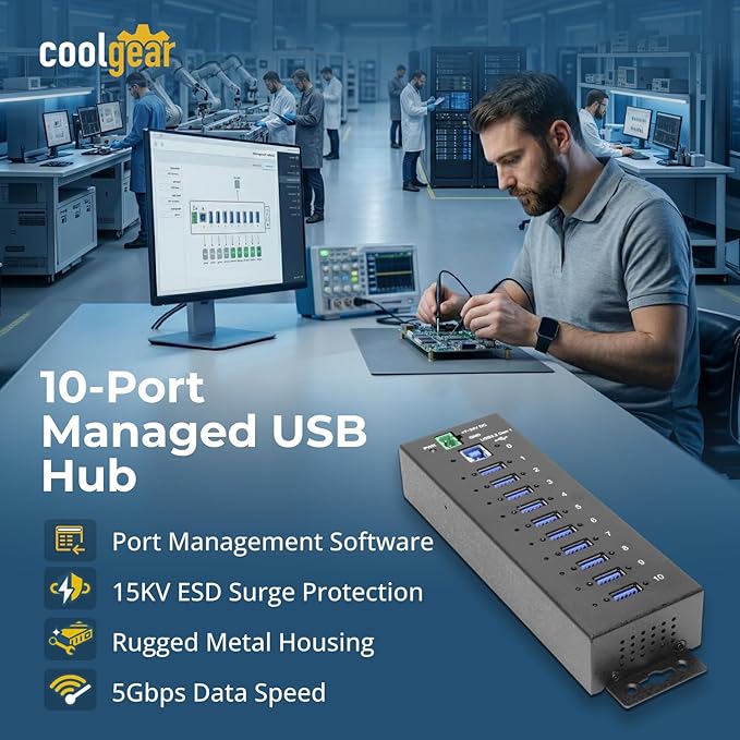 Coolgear Industrial 10 Port USB Hub with Advanced Port Management for Remote Control &amp Versatility 5 Gbps Speed ESD Protection Per Port Secure Screw Lock Surface &amp DIN Mounting