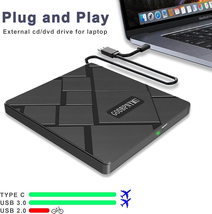 External CD/DVD Drive USB-C/USB 3.0 CD Burner DVD Player Compatible with MacBook iMac Windows 11/10/8/7 laptops and PCs Portable disc Reader with Carrying case